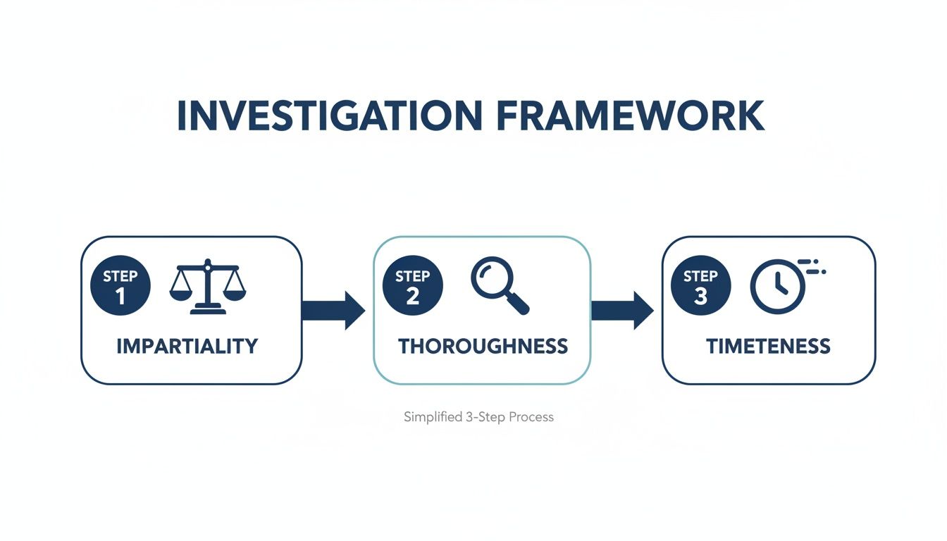 An investigation framework showing three steps: impartiality, thoroughness, and timetenes in a simplified process.