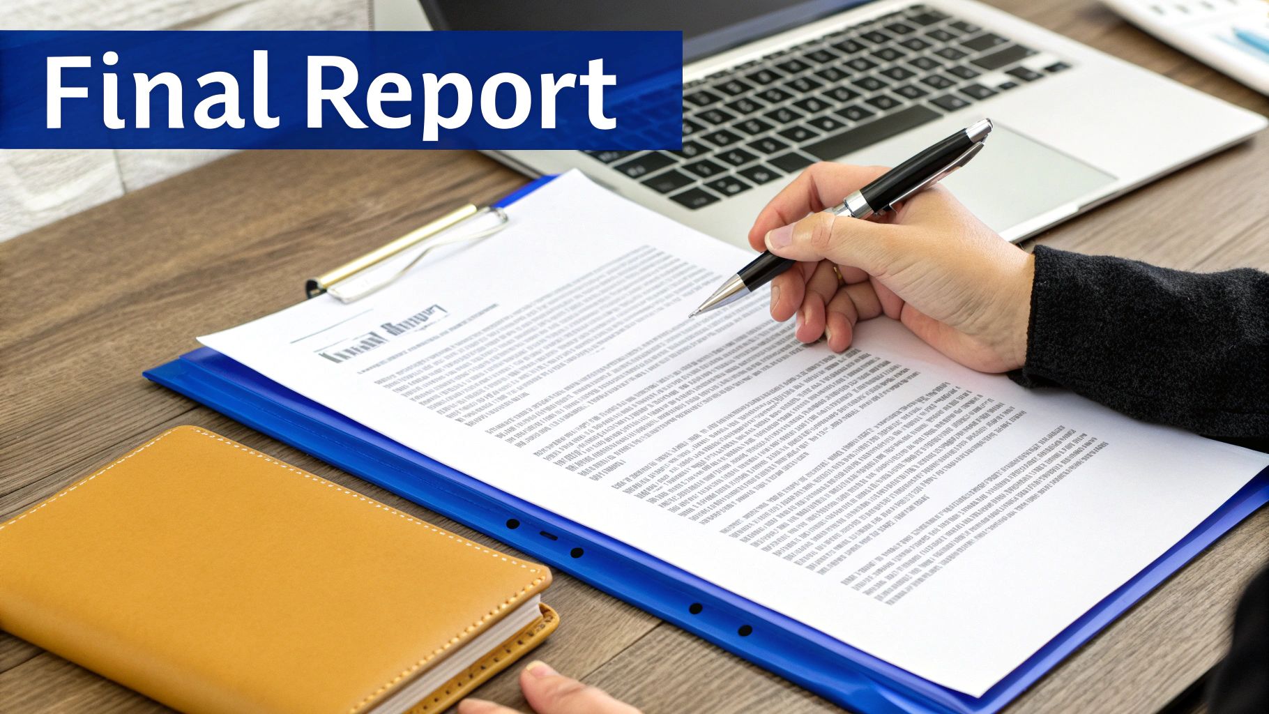 Close-up of a person's hand writing on a document titled 'Final Report' with a pen.