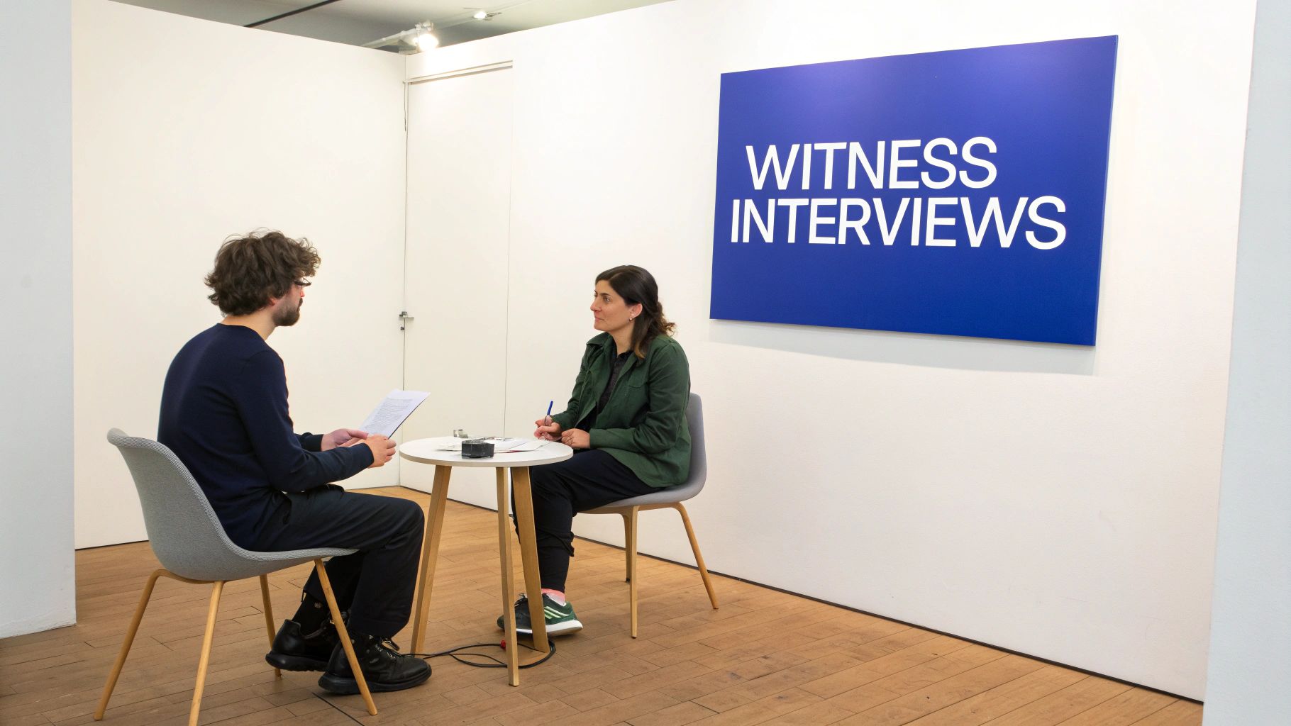 Two individuals conduct a witness interview at a small table, with a 'Witness Interviews' sign overhead.