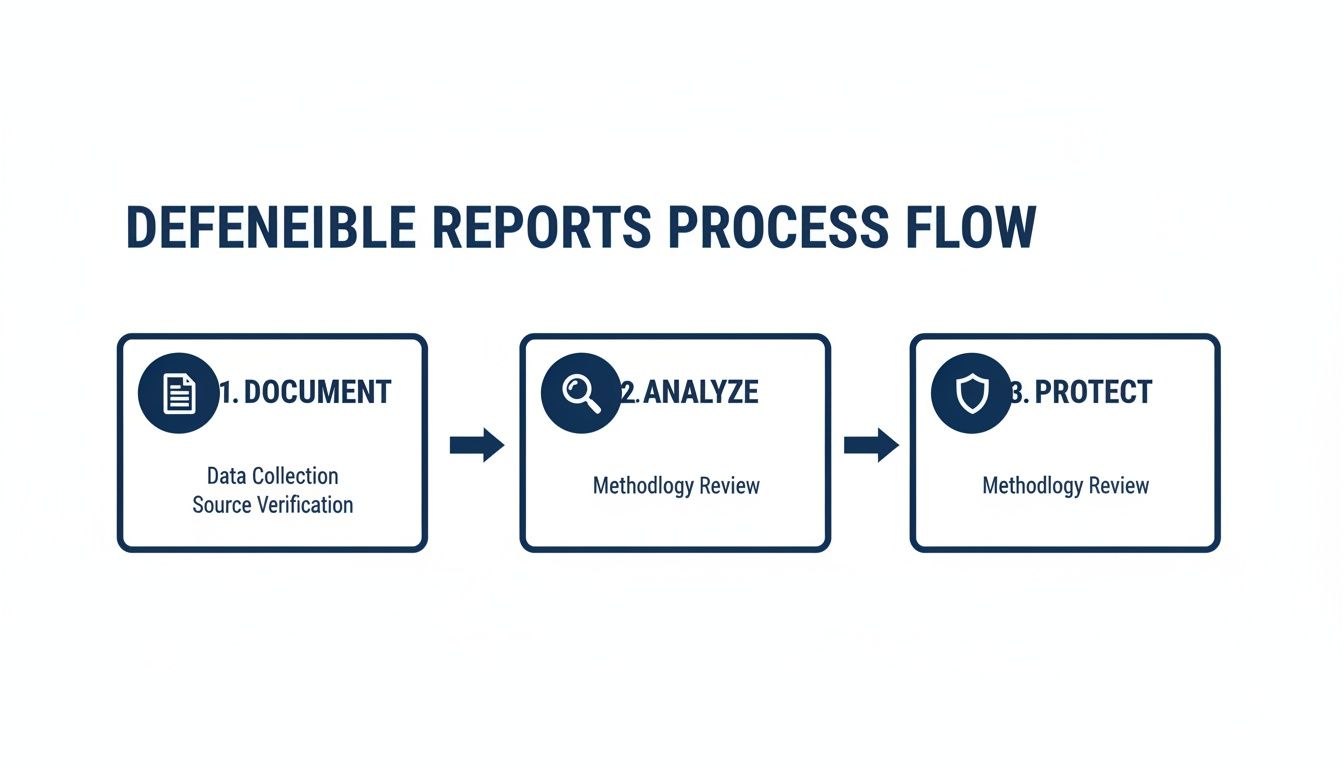 Process flow diagram illustrating three steps for creating defensible reports: document, analyze, and protect.