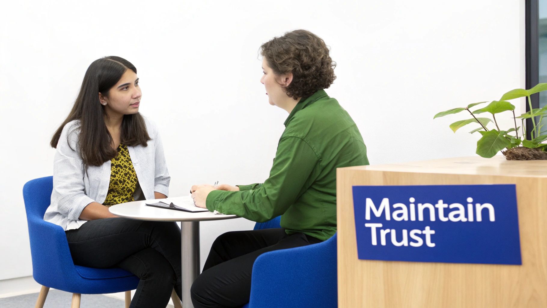 Two women engaged in a workplace discussion, seated at a table with a 'Maintain Trust' sign.