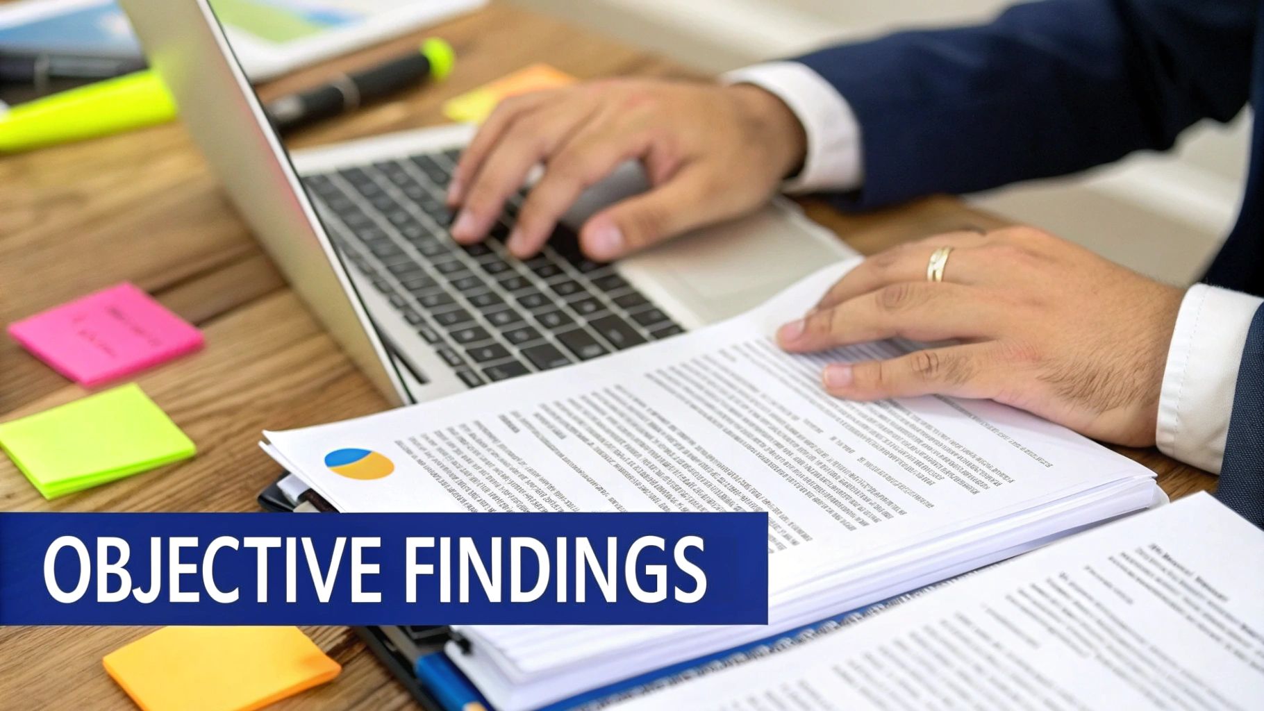 A person works on a laptop, reviewing documents with 'OBJECTIVE FINDINGS' on a blue banner, surrounded by sticky notes.