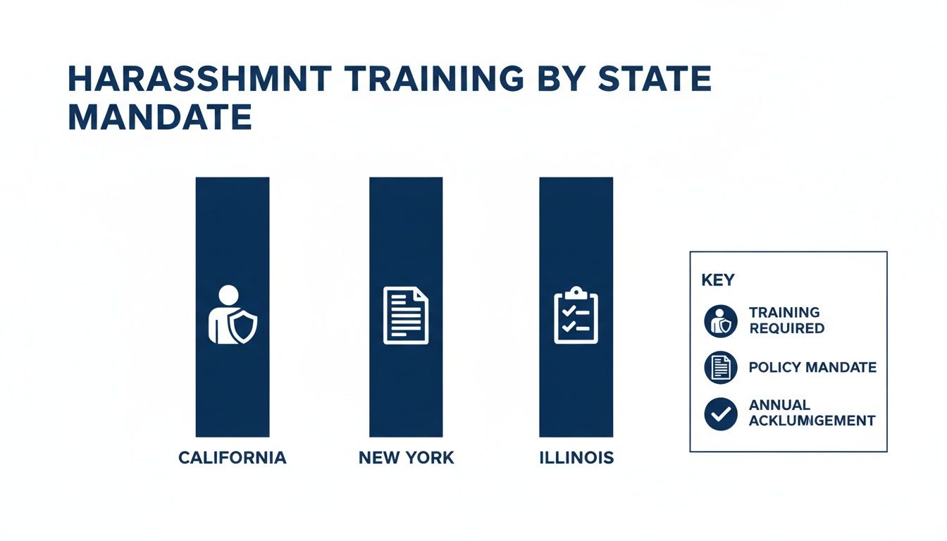 Infographic comparing harassment training mandates in California, New York, and Illinois, showing specific requirements.