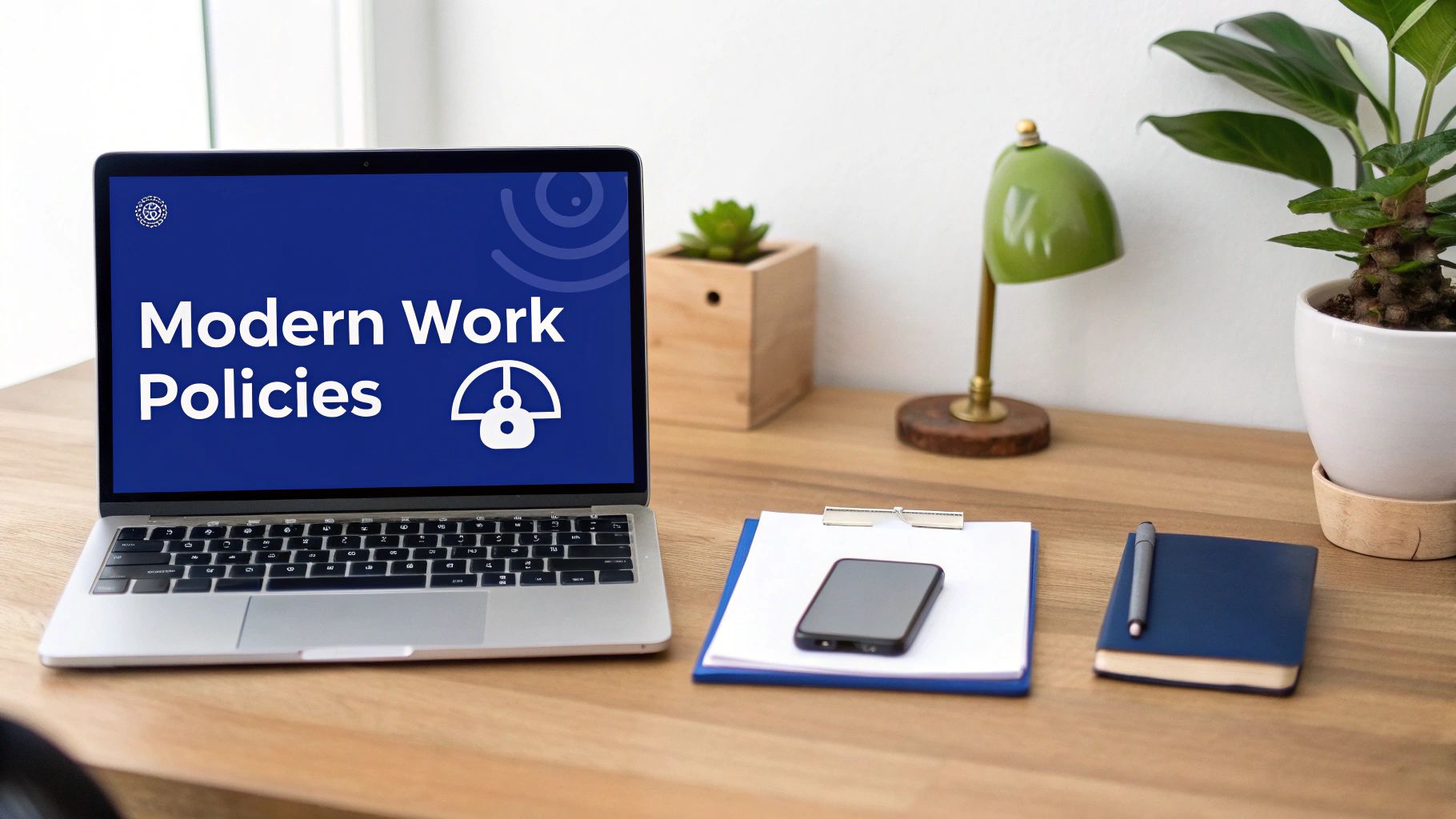 A modern desk with a laptop displaying 'Modern Work Policies', plants, a lamp, and office stationery.