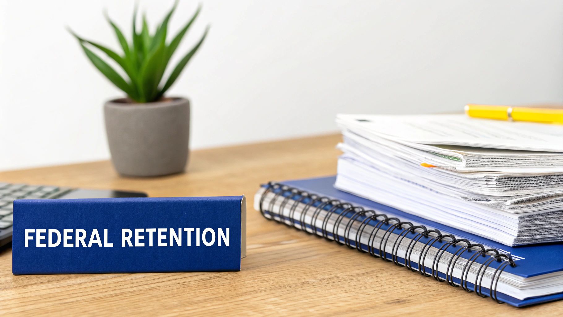 A blue box labeled 'FEDERAL RETENTION' on a wooden desk with office documents, a notebook, and a plant.