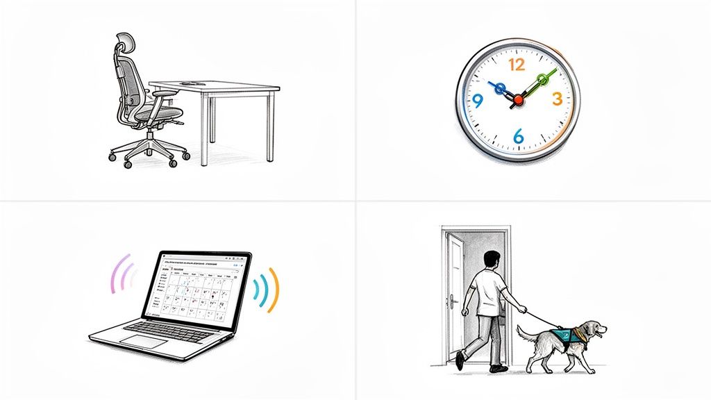 An illustration showing an office chair and desk, a clock, a laptop, and a person with a service dog.