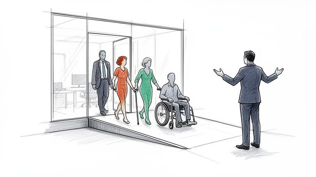 An inclusive group, including a person in a wheelchair, uses a ramp to exit an office.
