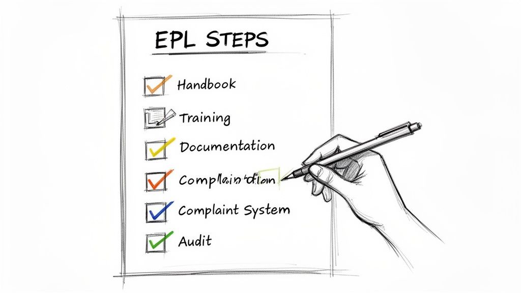 A hand checking off completed steps on an Employment Practices Liability (EPL) checklist.