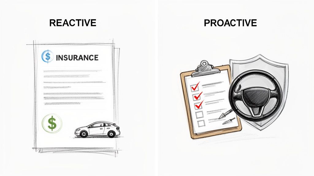 An illustration contrasting reactive car insurance with proactive car maintenance and safety measures.