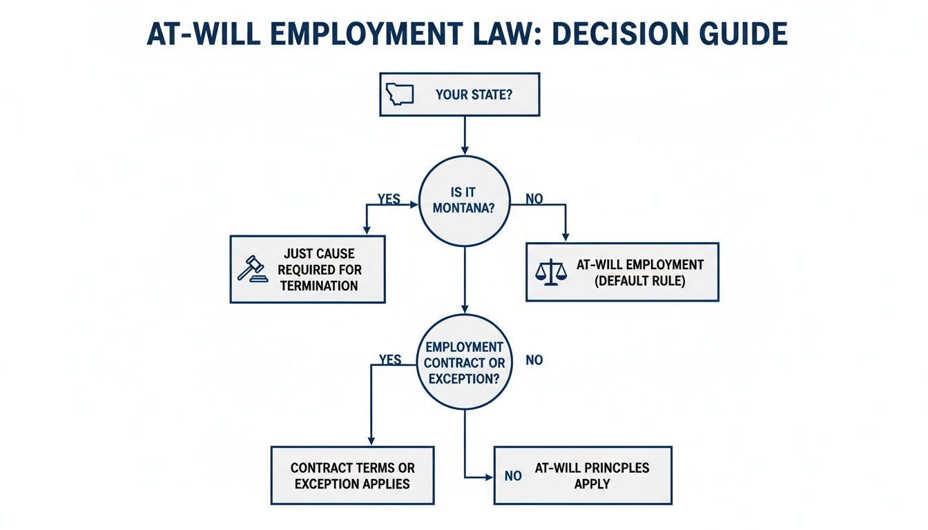 Flowchart illustrating the at-will employment law decision guide based on state and contract.