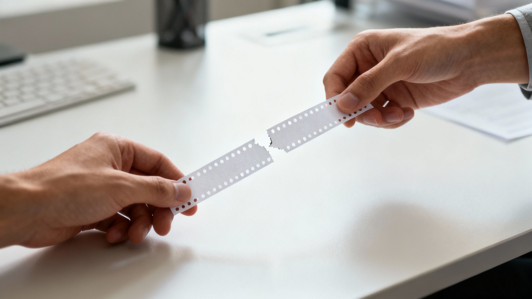 Two hands tearing a perforated paper strip in half over a white desk, symbolizing a broken agreement.