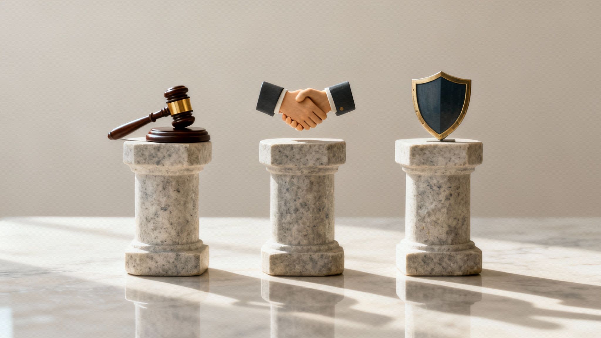 Symbols of law (gavel), agreement (handshake), and protection (shield) on pedestals.
