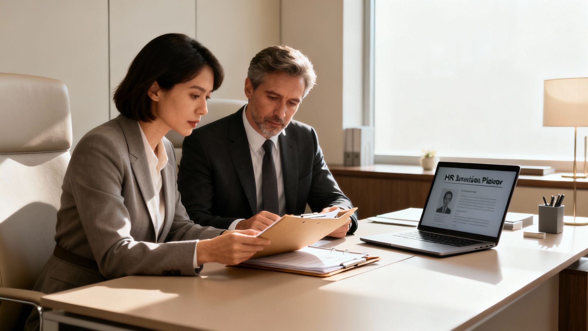 Two HR professionals review a resume and documents at a modern office desk.