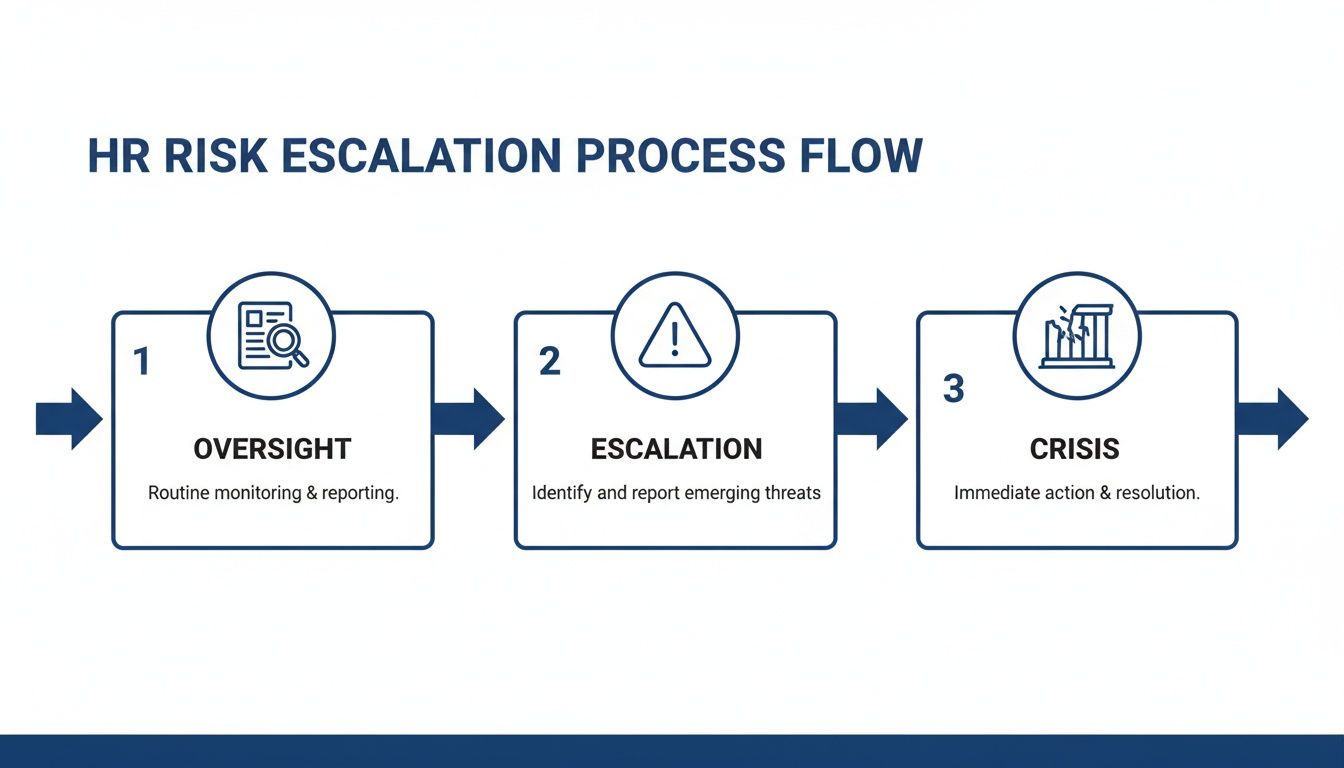 A flow chart illustrating the HR risk escalation process with three steps: Oversight, Escalation, and Crisis.