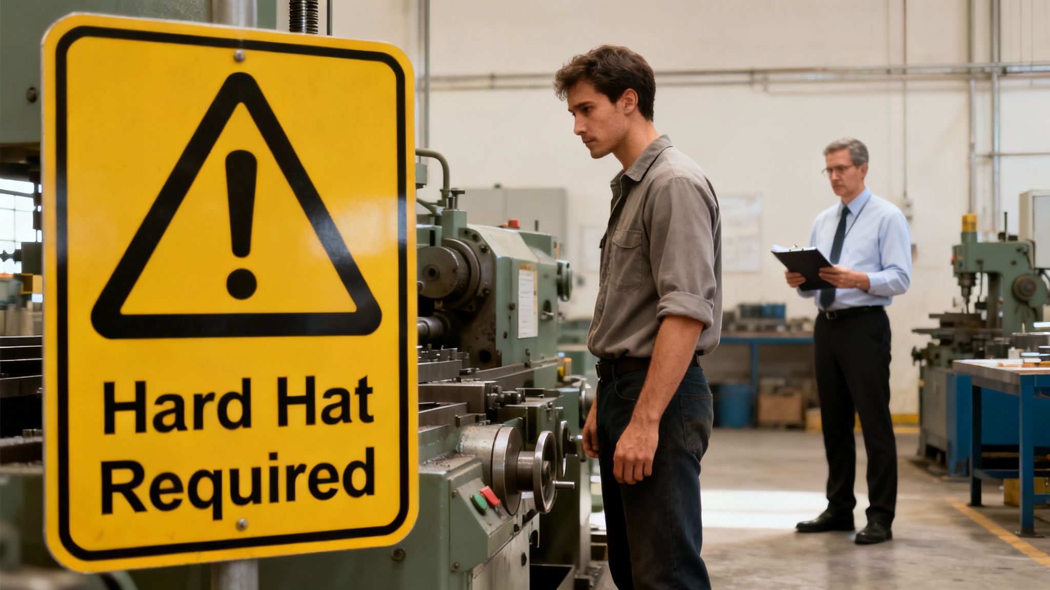 A 'Hard Hat Required' sign, an employee by machinery, and a supervisor observing in a factory.