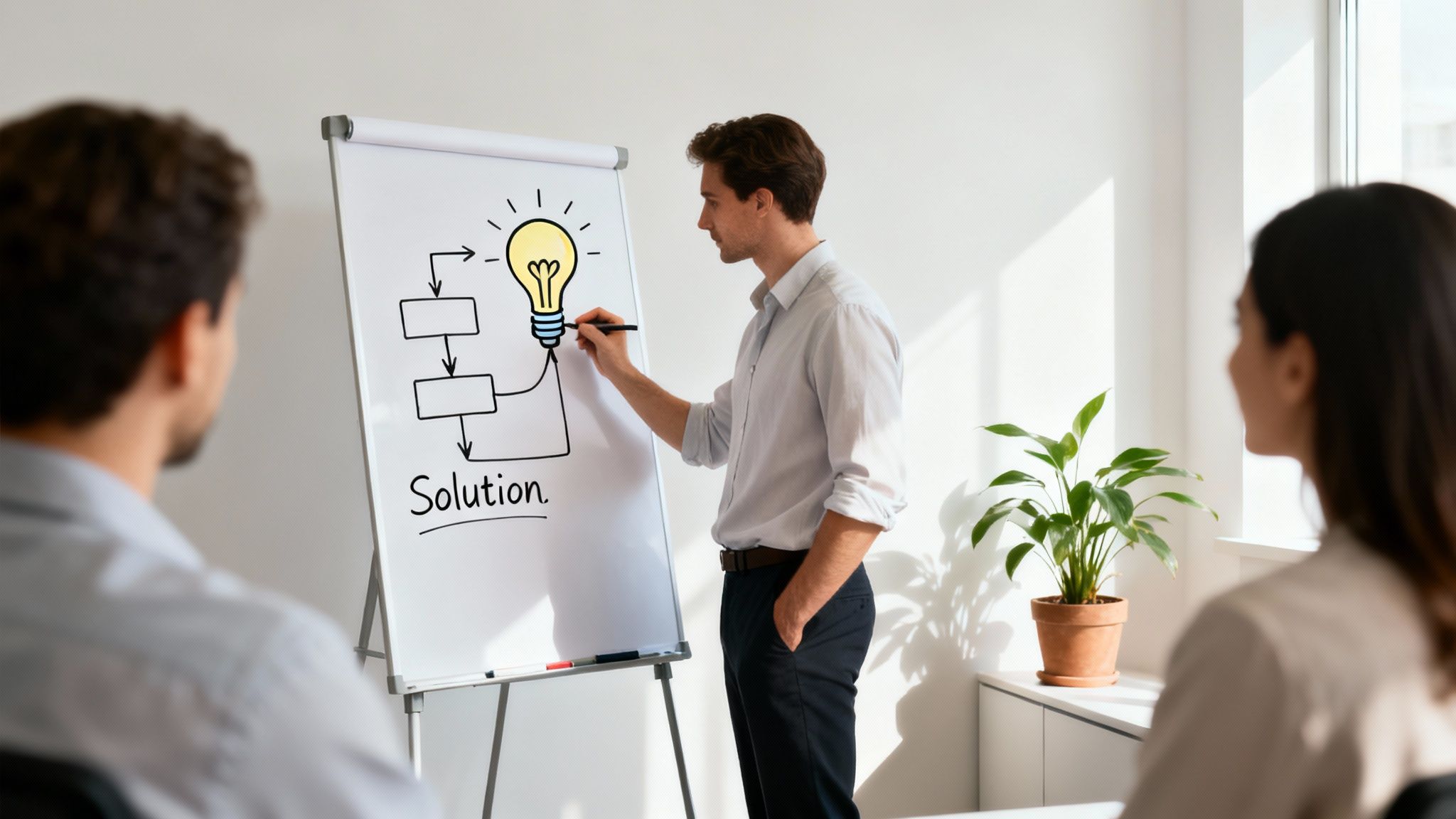 A presenter draws a solution diagram with a lightbulb on a flip chart during a meeting.
