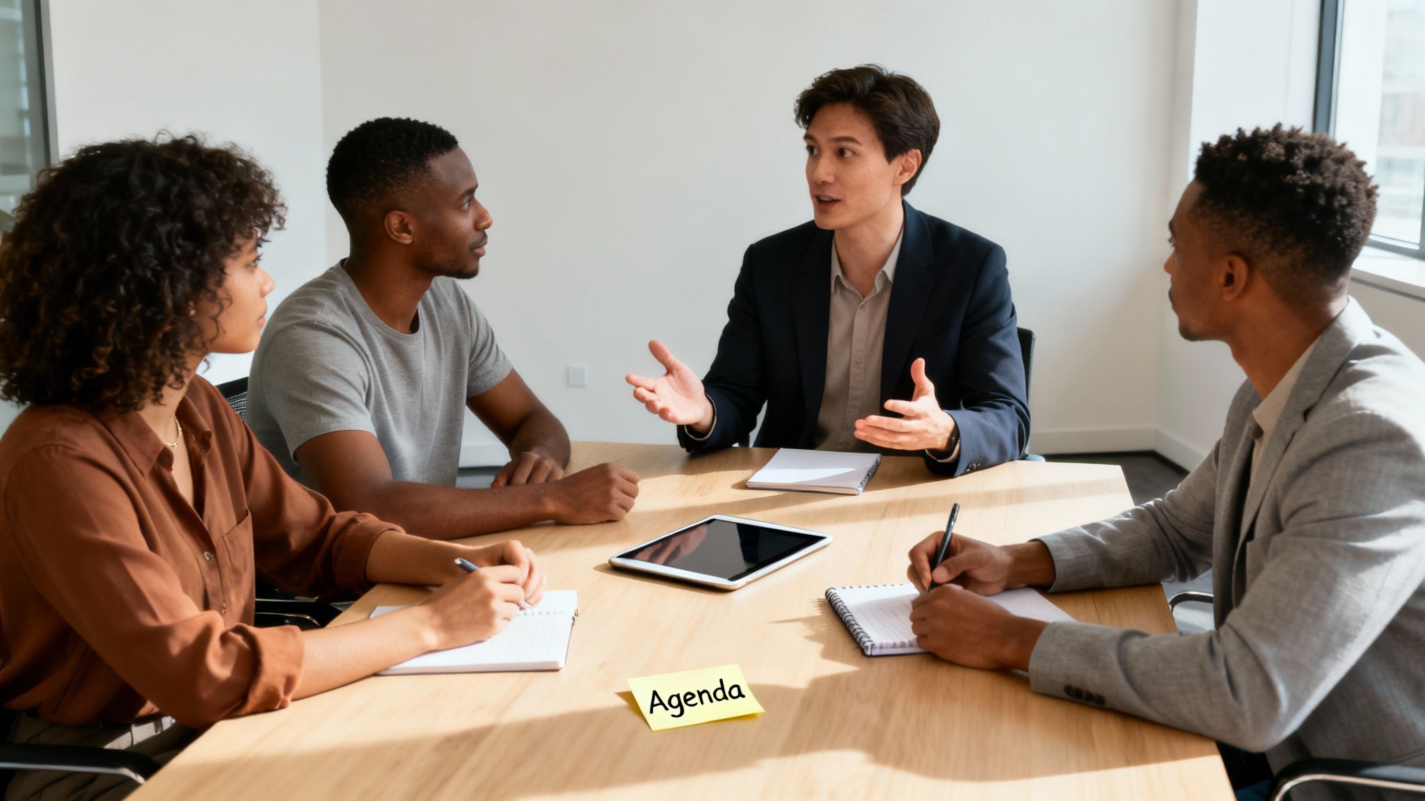 Four diverse professionals in a bright meeting room, discussing agenda and taking notes.