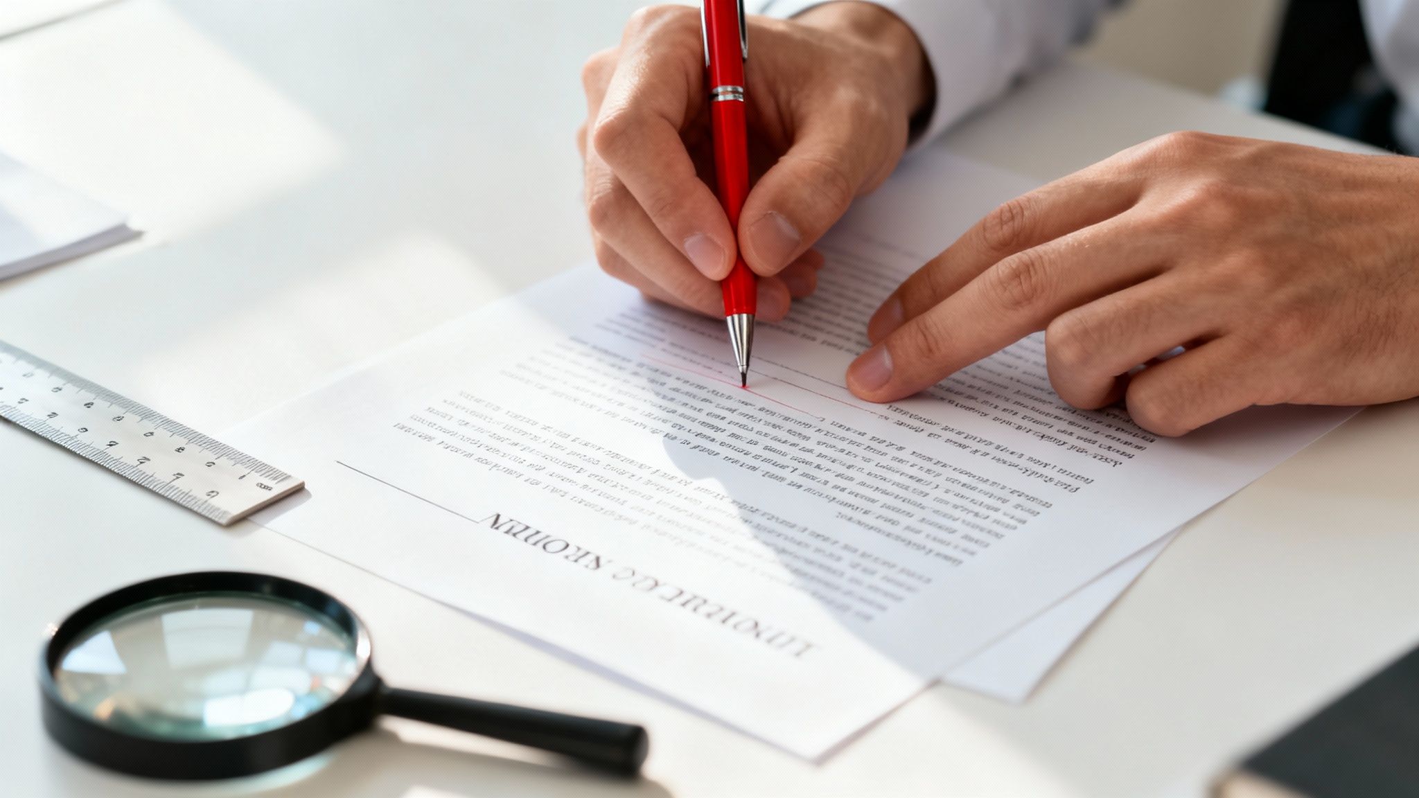 Close-up of a person's hands writing with a red pen on a document, with a ruler and magnifying glass nearby.