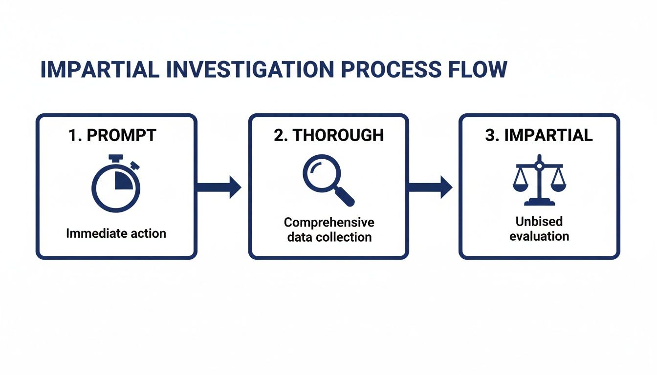 Process flow diagram detailing three steps of an impartial investigation: prompt, thorough, and unbiased.