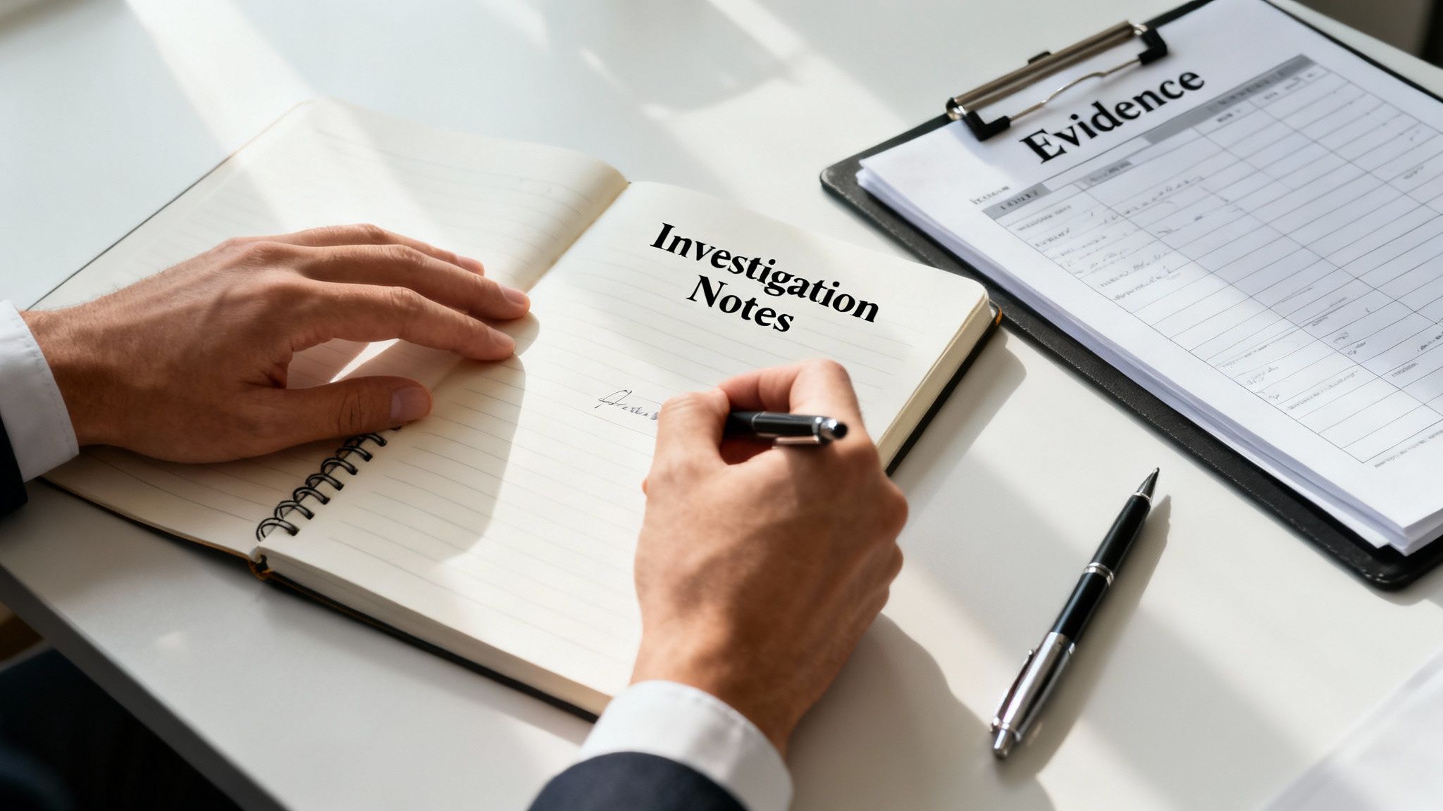 A person writes 'Investigation Notes' in a notebook, with an 'Evidence' clipboard nearby.