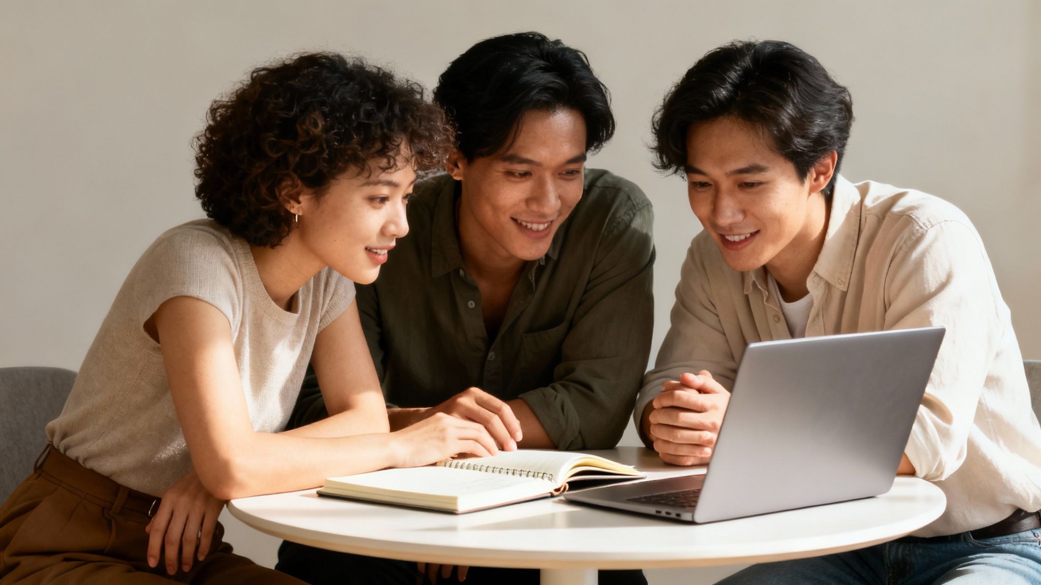Smiling diverse students collaborating around a table with a laptop and open notebook.