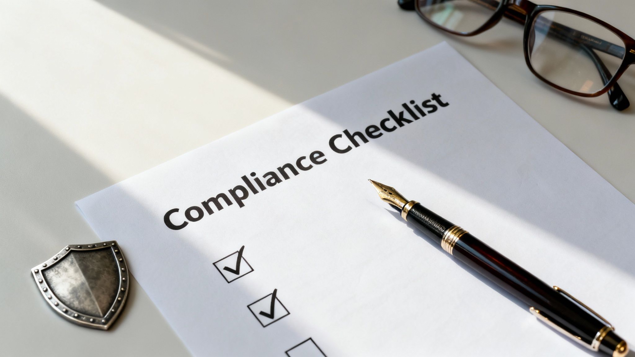 A 'Compliance Checklist' with two checked boxes, a fountain pen, eyeglasses, and a shield on a desk.