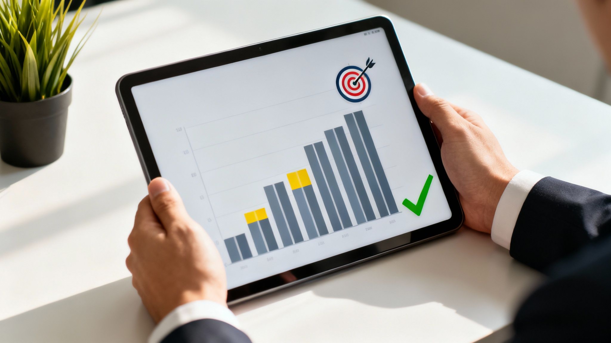 Hands holding a tablet displaying a bar chart showing performance growth, a target, and a success checkmark.