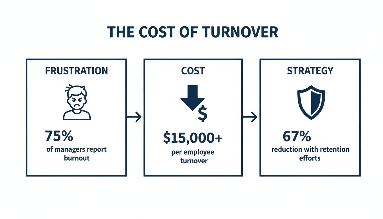 Infographic showing the cost of employee turnover, linking manager burnout, financial impact, and retention strategy benefits.