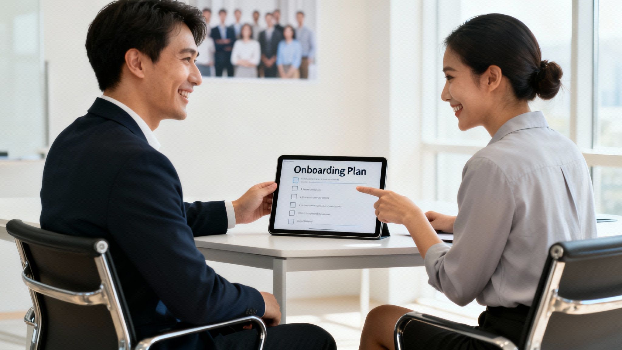 Two smiling professionals review an onboarding plan on a tablet in a bright office setting.