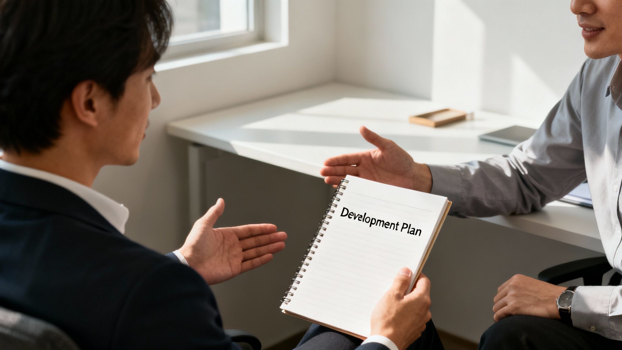 Two colleagues discuss a development plan written in a notebook during a business meeting.