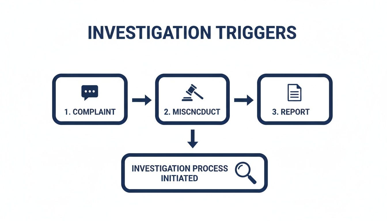 Flowchart outlining investigation triggers: complaint, misconduct, and report, all initiating the investigation process.