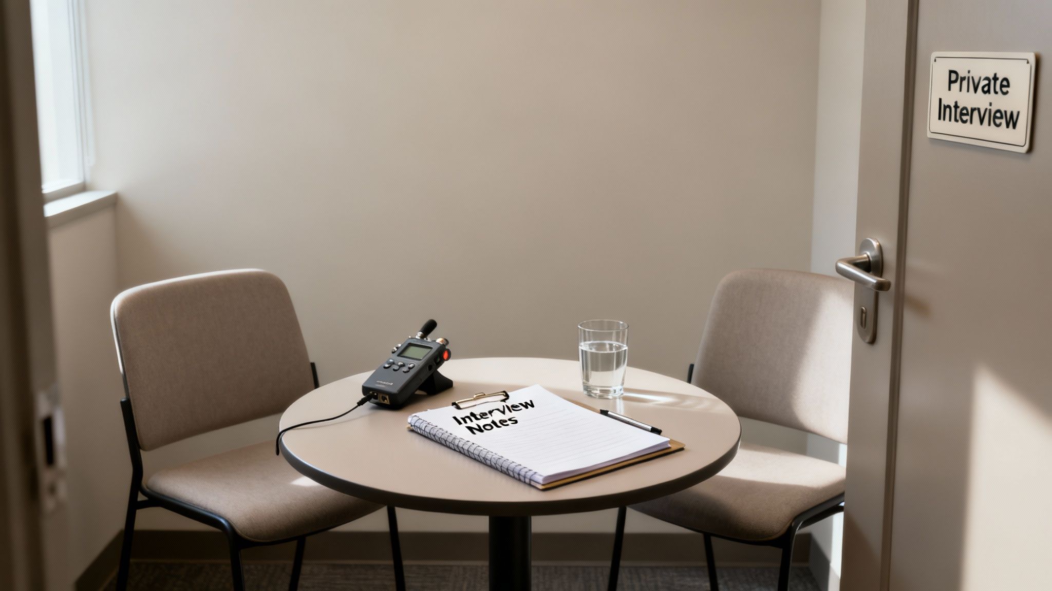 A private interview room with a table, two chairs, a voice recorder, and 'Interview Notes' on a notepad.