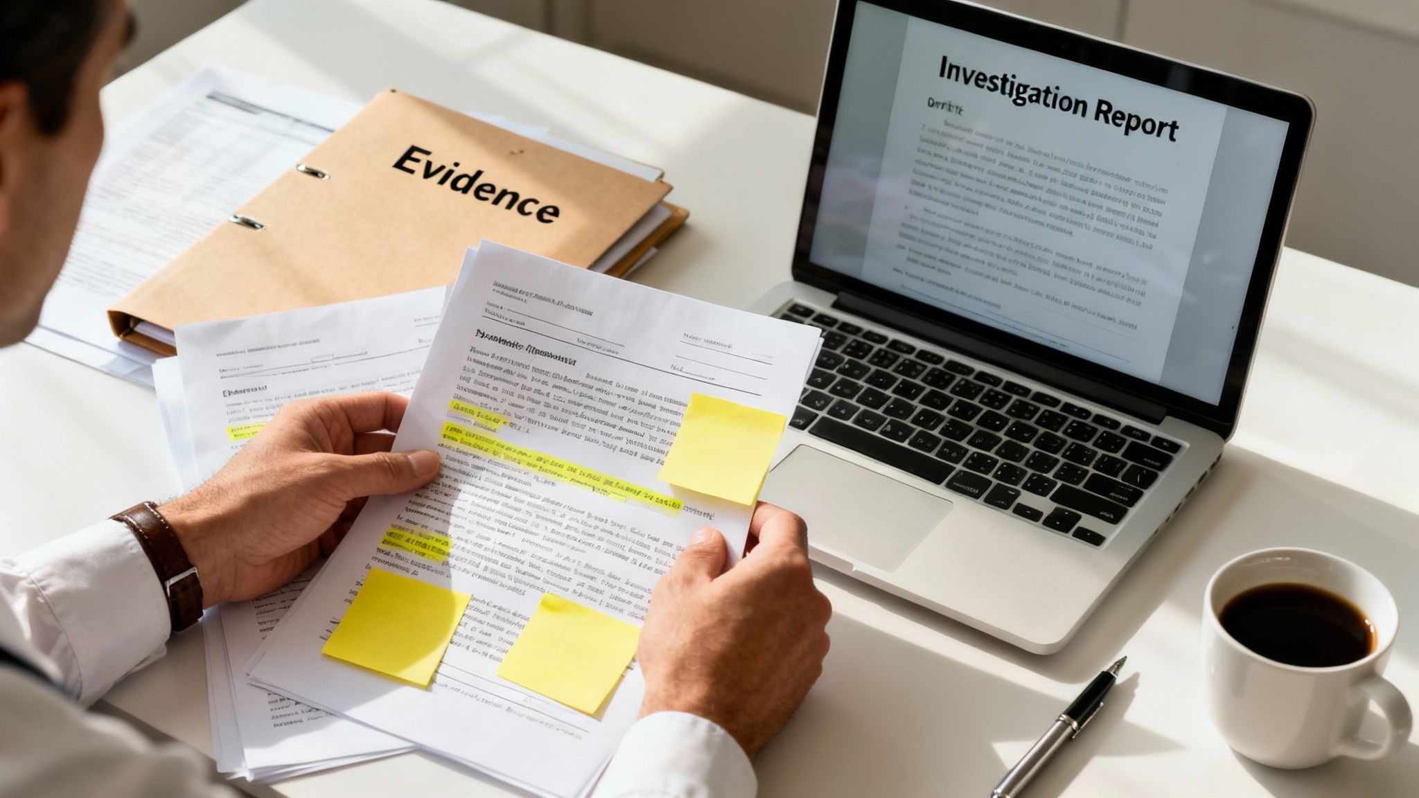 A person reviews highlighted investigation documents and an evidence folder on a desk.