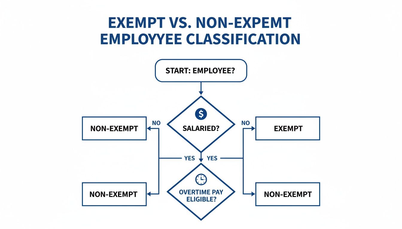 Flowchart illustrating the classification of employees as exempt or non-exempt based on salary and overtime eligibility.
