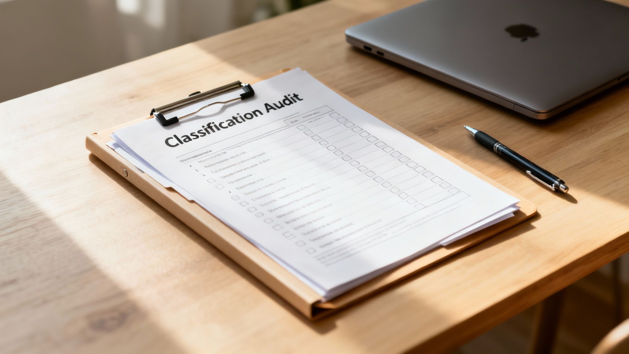 A 'Classification Audit' document on a clipboard with a pen and laptop on a wooden desk.