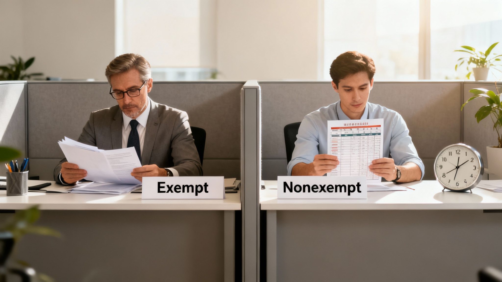 Two men at office desks with 'Exempt' and 'Nonexempt' signs, reviewing documents.