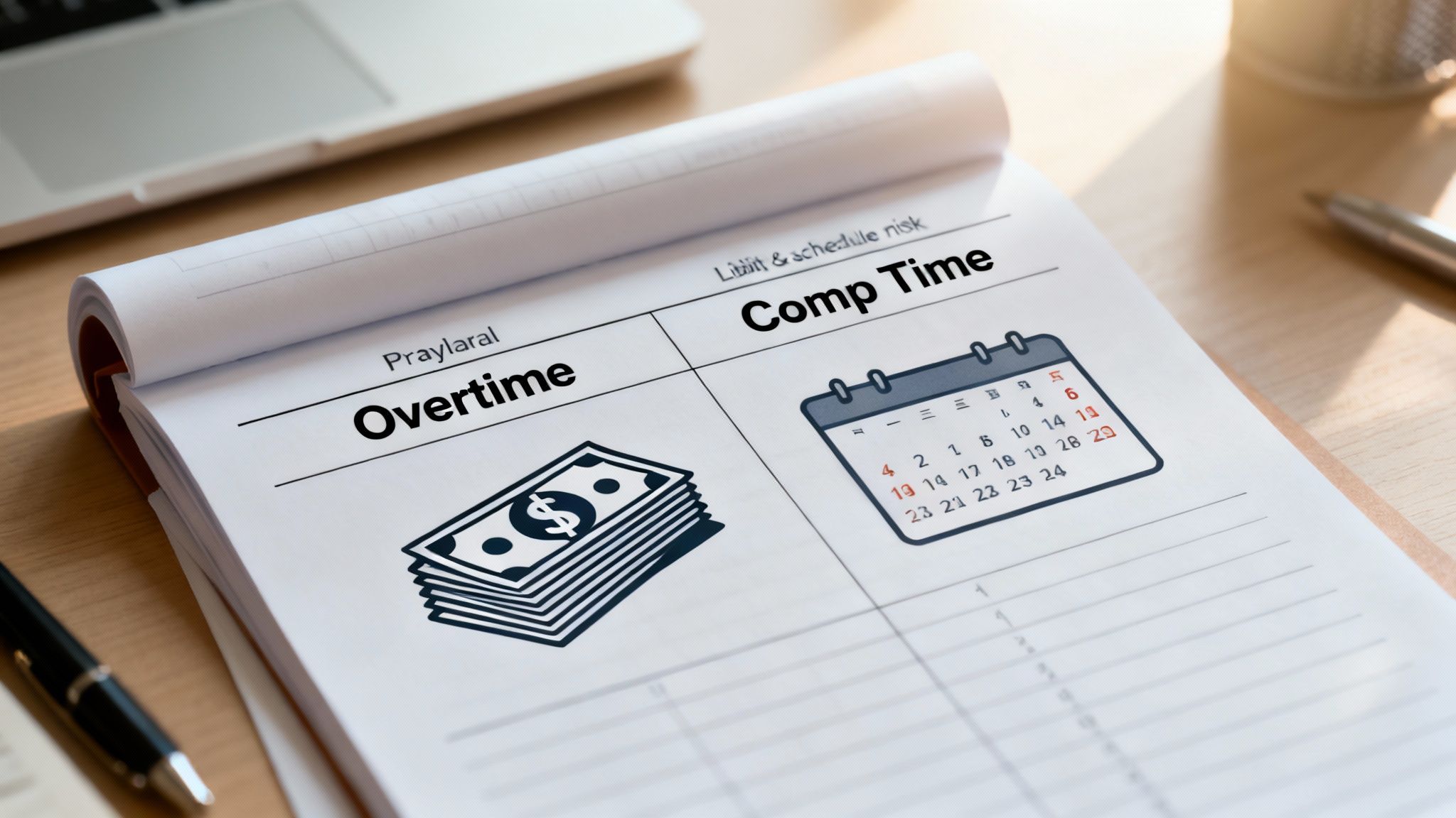 A notebook on a desk illustrating the difference between overtime pay and comp time off.