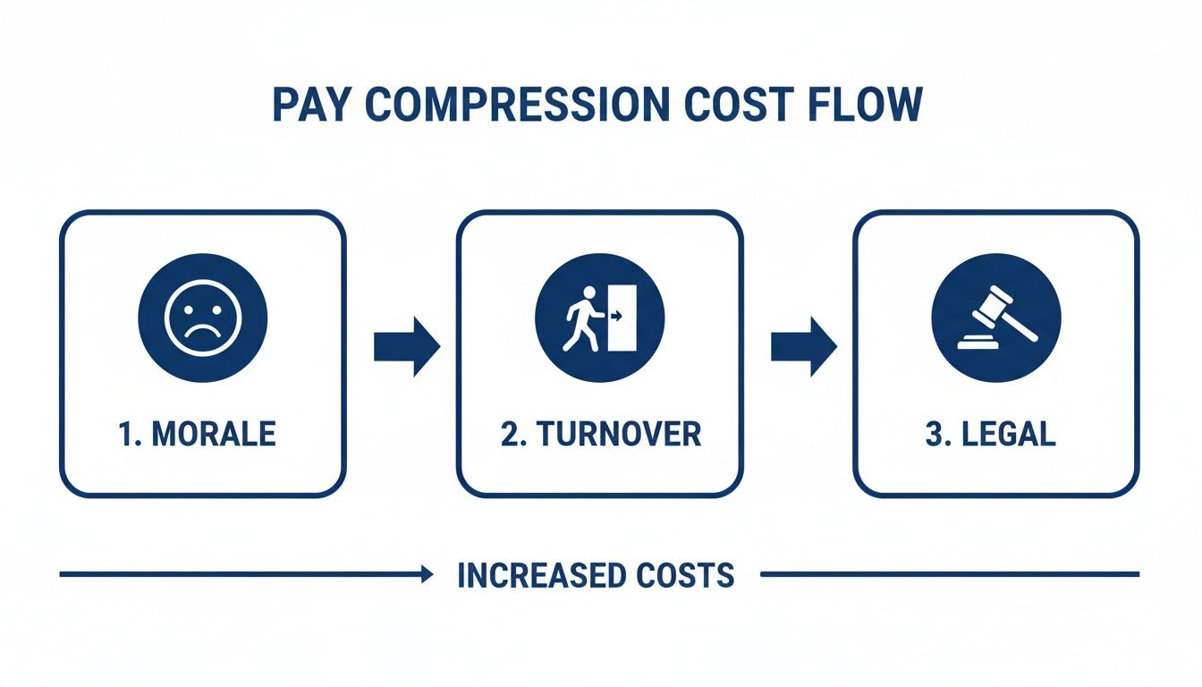 Infographic outlining how pay compression leads to morale issues, employee turnover, and legal costs.