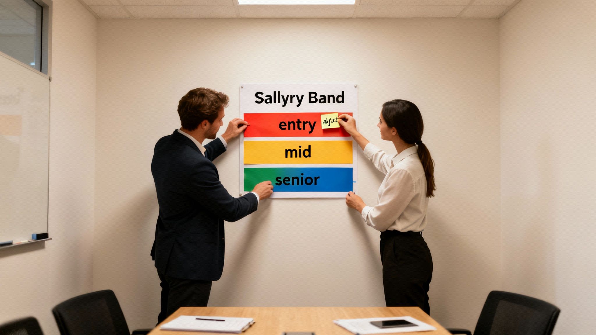 Two professionals in an office adjusting a 'Sallry Band' chart with 'entry', 'mid', and 'senior' levels.