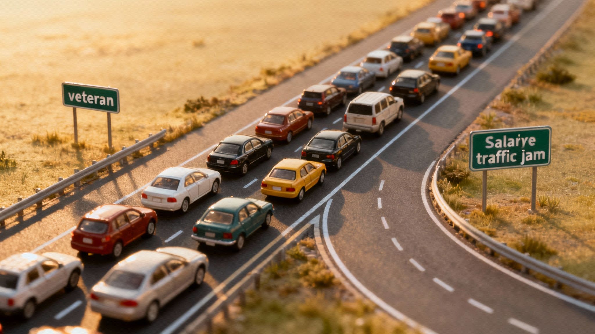 A miniature model of a highway shows a severe traffic jam, highlighting congestion and bottlenecks.