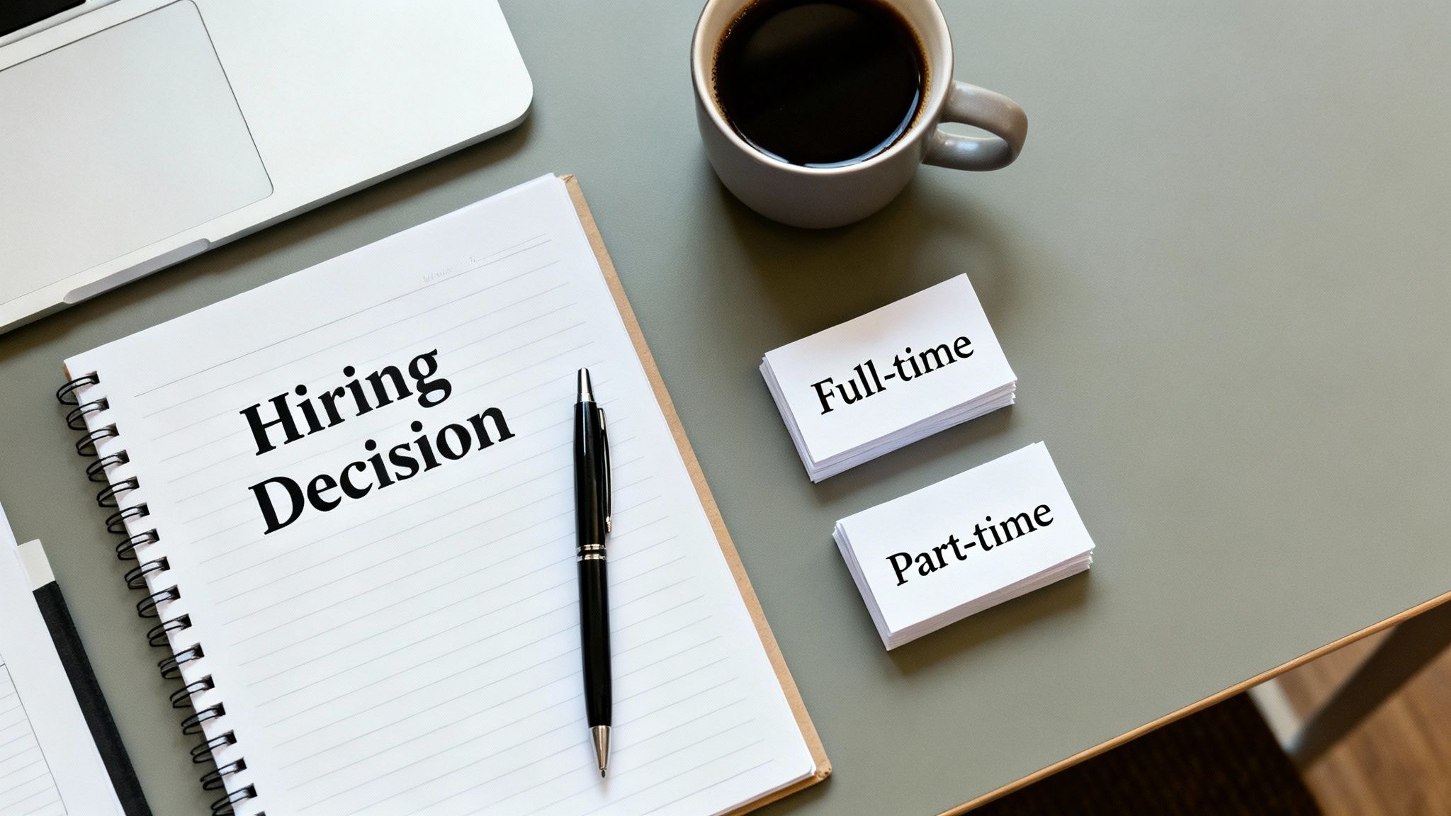 Desk with 'Hiring Decision' notebook, pen, coffee, and 'Full-time' and 'Part-time' job option cards.