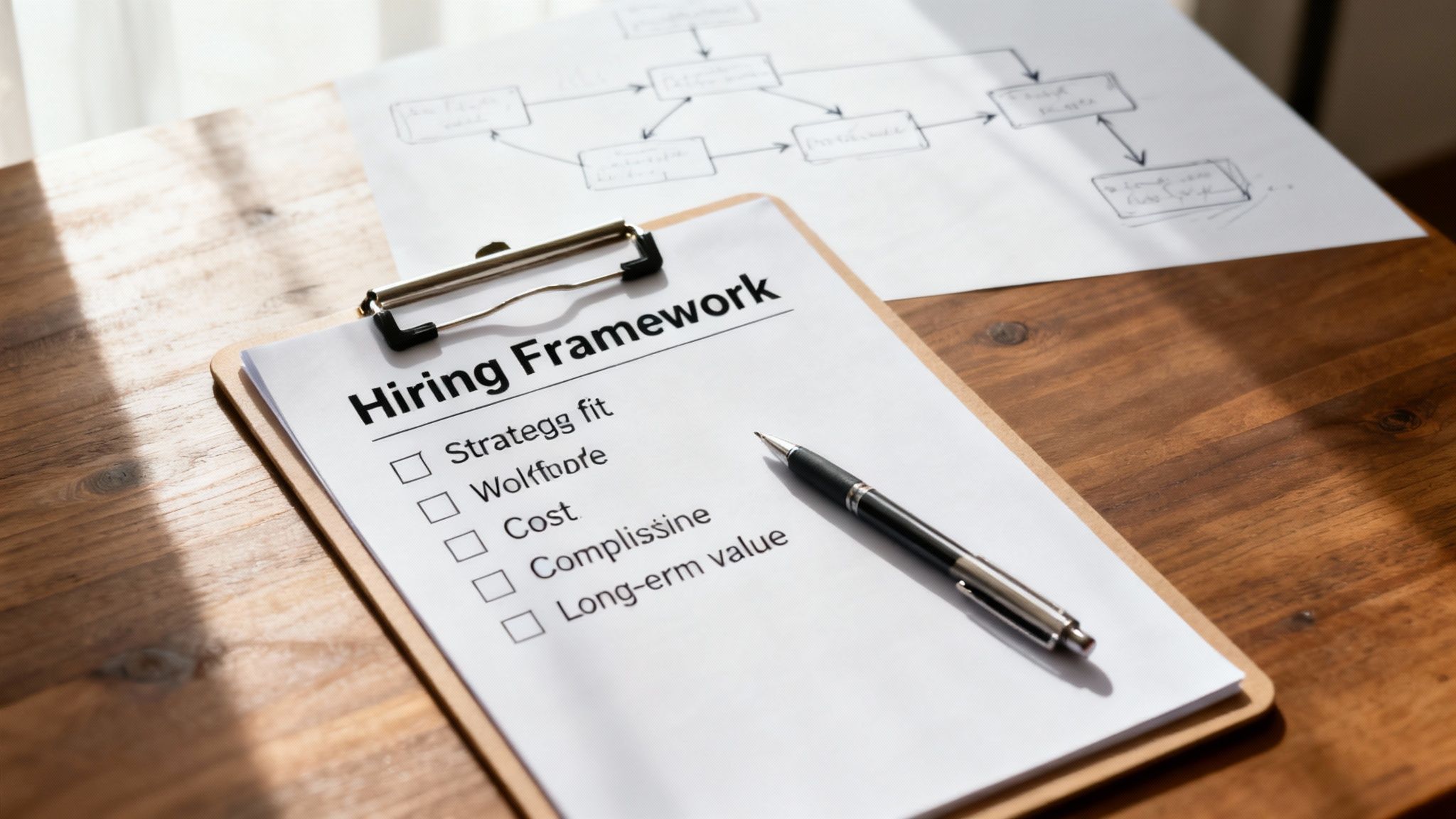 A 'Hiring Framework' document with a checklist and pen on a clipboard, sitting on a wooden desk.