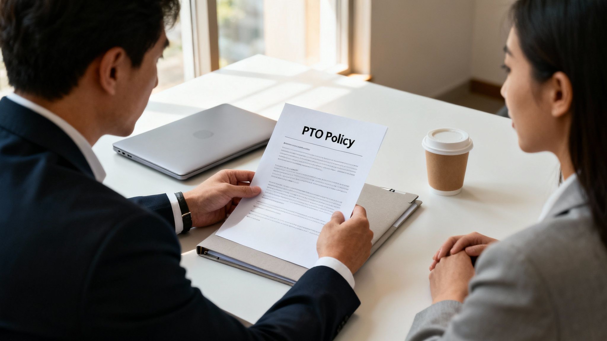 A man reviews a "PTO Policy" document with a woman at a modern office desk.