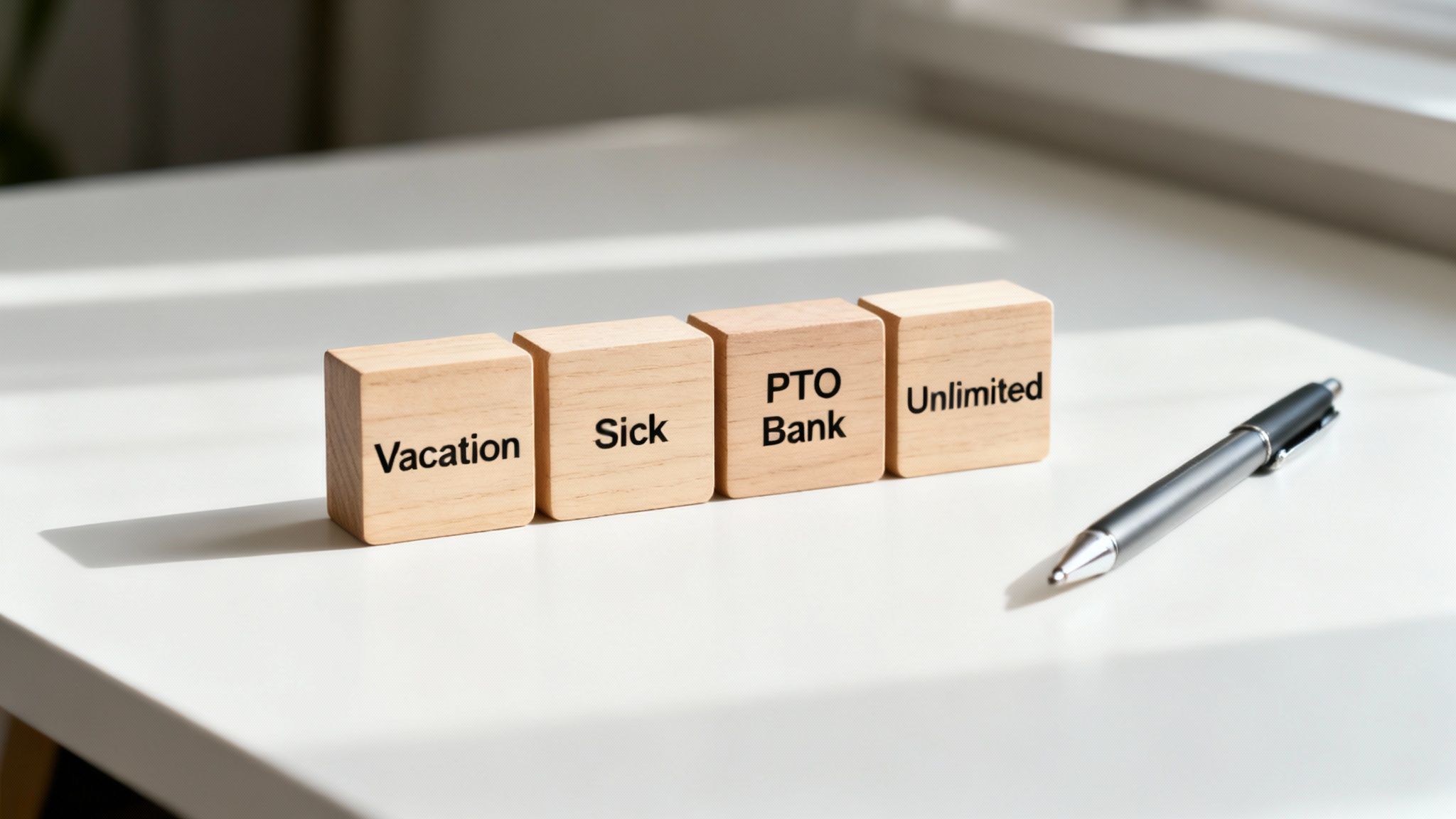 Four wooden blocks displaying 'Vacation', 'Sick', 'PTO Bank', and 'Unlimited' next to a pen on a white desk.