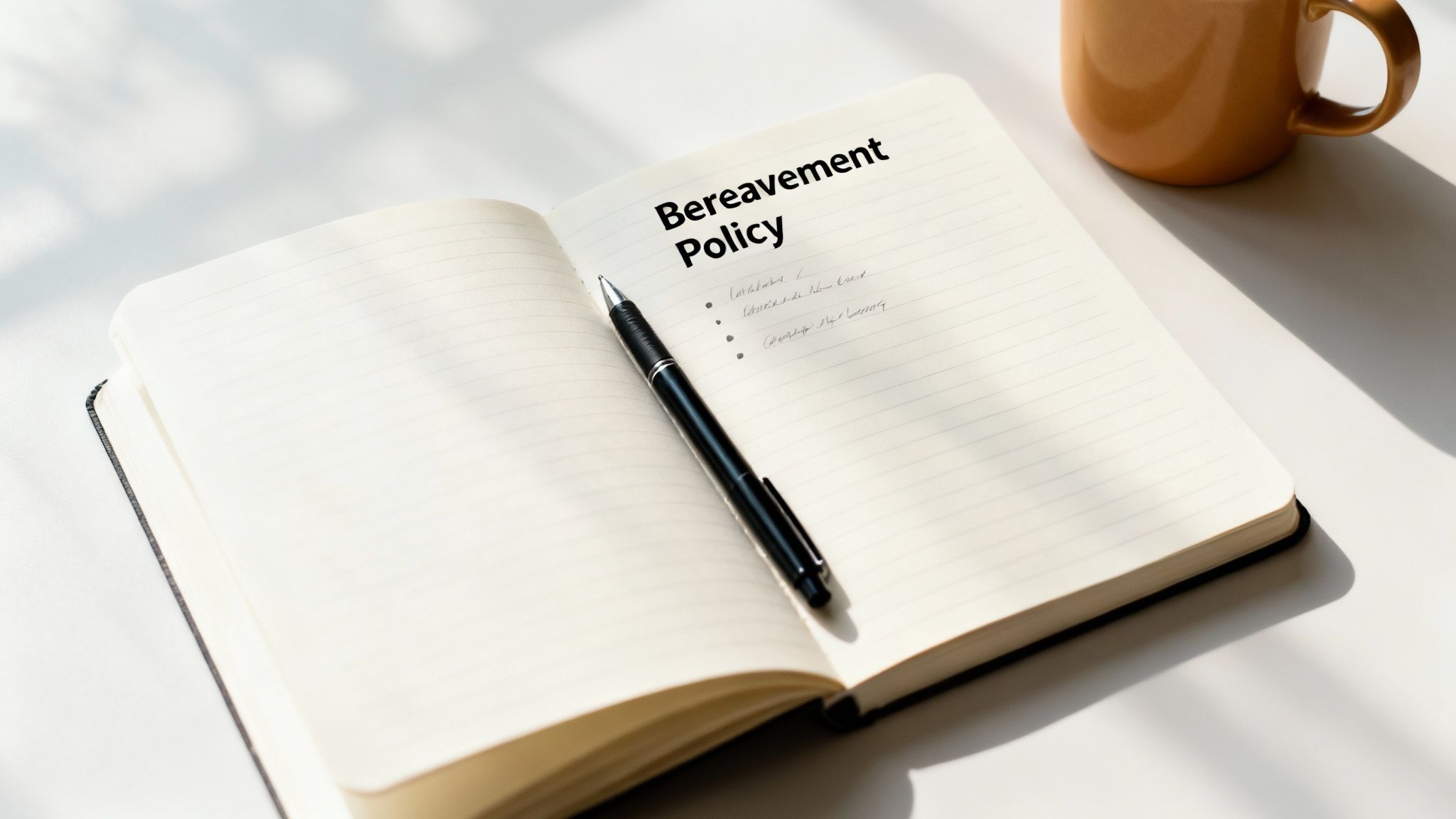 An open notebook displaying 'Bereavement Policy' with a pen, next to an orange mug on a sunny desk.