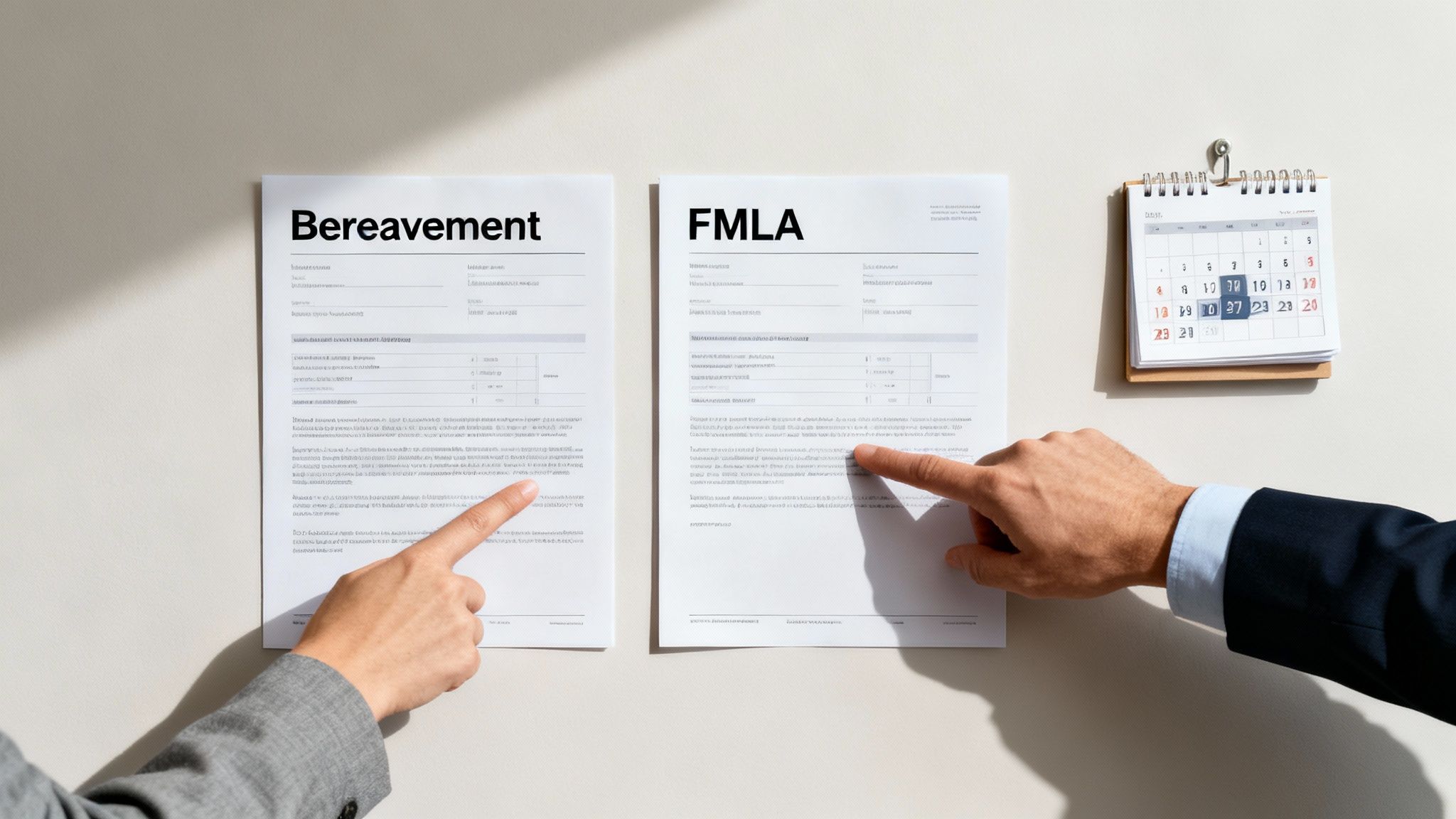 Hands pointing at 'Bereavement' and 'FMLA' leave documents pinned next to a calendar.