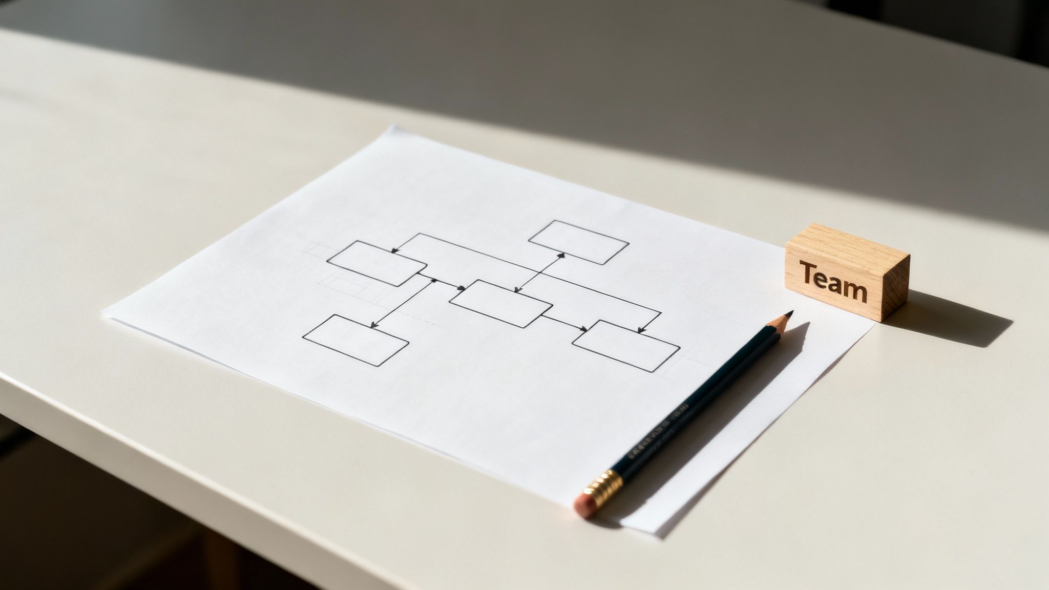 A hand-drawn organizational chart on a white paper, with a pencil and a 'Team' wooden block, on a light desk.