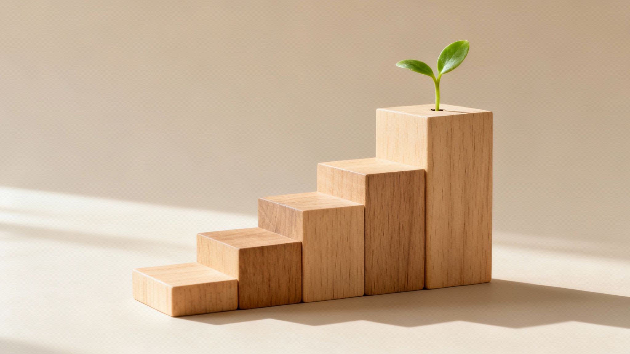 Small green plant sprouts from the tallest wooden block in an ascending step arrangement.