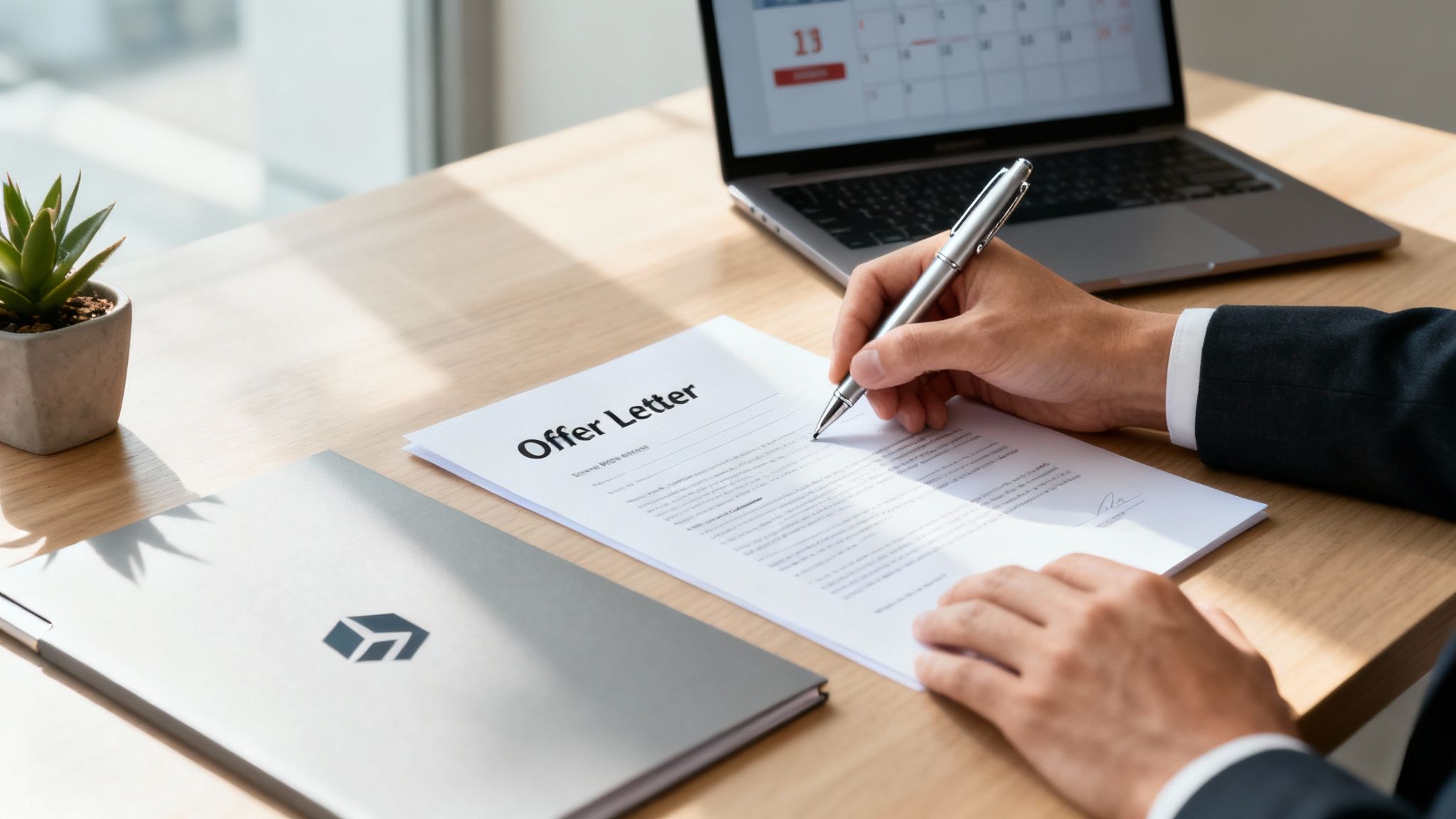 Close-up of a person in a suit signing an offer letter at a wooden desk with a laptop.