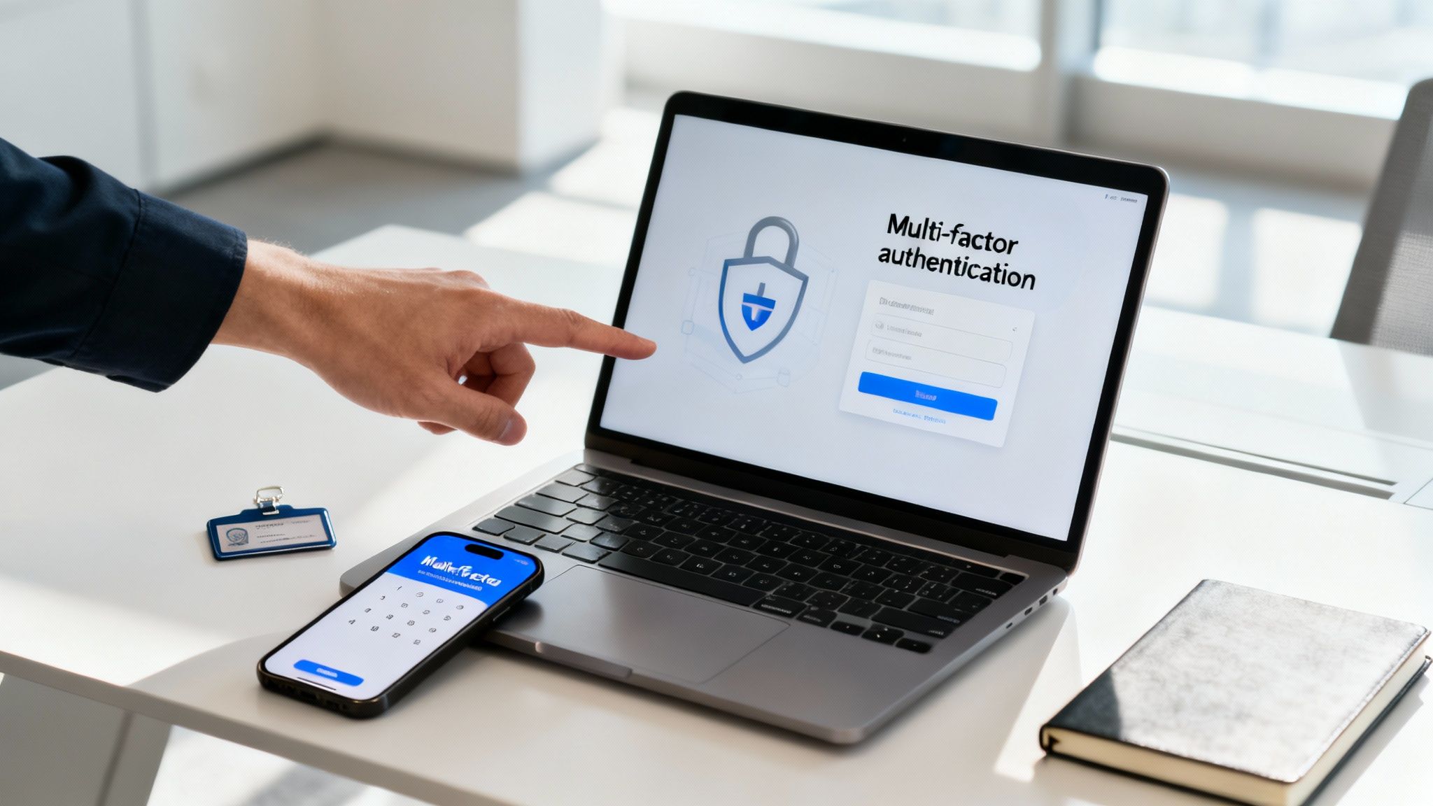 A person's hand points to a laptop displaying 'Multi-factor authentication' with a smartphone and ID badge nearby.